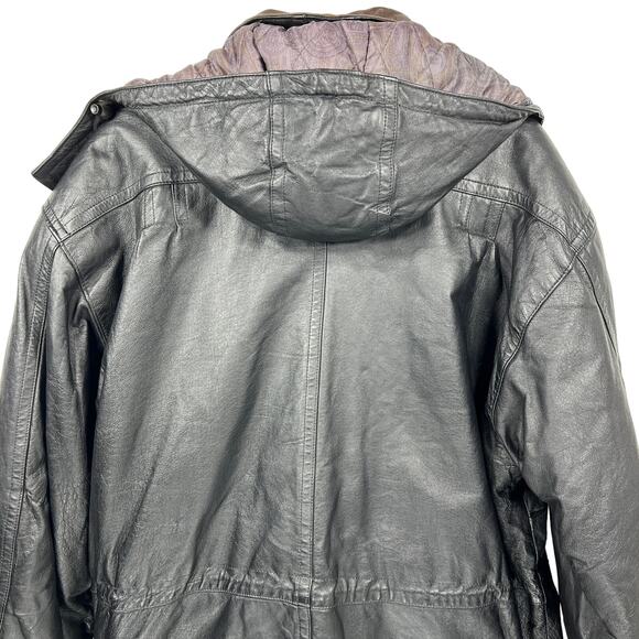 Stratojac Leather Parka Jacket Coat Men's Large Black Brown Hooded Heavy VT - Picture 5 of 16